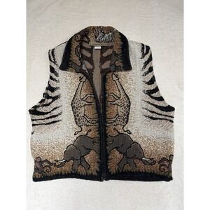 Vtg Painted Pony Women's Vest Medium Safari Zebra Rhino Blanket Zip Artsy Cotton